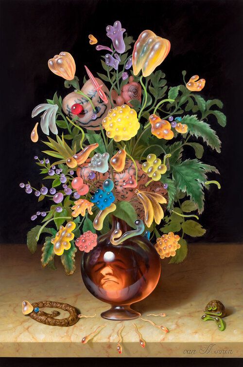 surrealist still life of the artist's head in a small circular vase with flowers and gummy sweets in it
