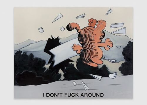 Garfield the cat tripping over and crashing through the background of the painting, so we can see his back with his tail in the air