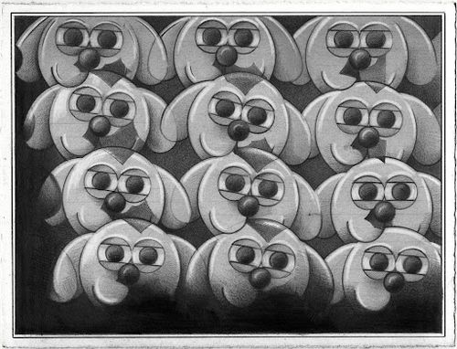 A black and white painting of 12 cartoon dogs with wide eyes, staring at the viewer