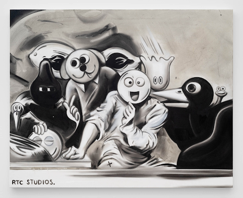 A black and white painting of a collection of odd characters, including a large black bird, a dog in a shire and a man holding a round mask to his face