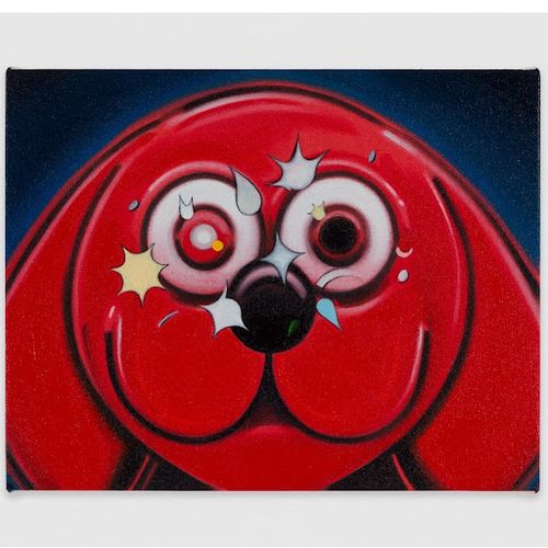 A painting of a red dog staring at the viewer, with wide eyes, a big smile and stars in his eyes
