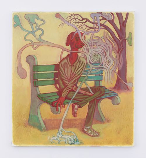a red dog human hybrid sitting on a green bench