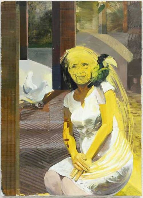 A woman with a white dress on and a yellow face sits facing two doves with a toucan on her shoulder