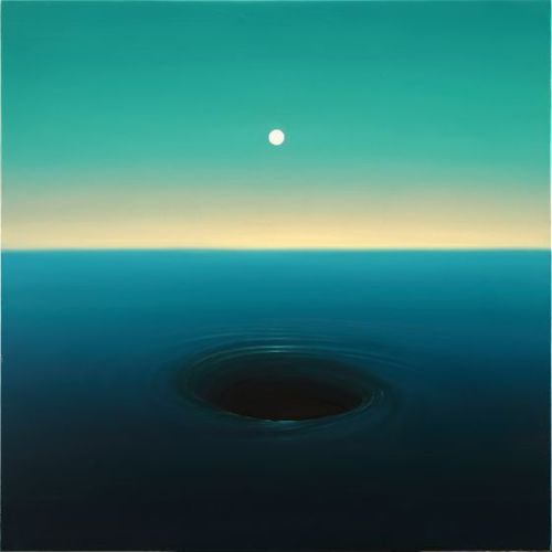 a still blue ocean with a hole in the centre and a clear sky with moon