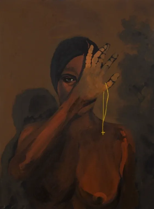 Painting depicting a woman holding a necklace in front of her face
