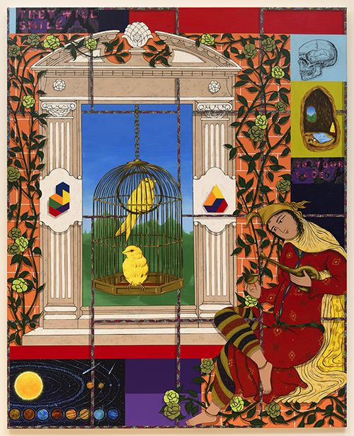 a painting depicting a musician, two birds in a cage, a Romanesque archway and the solar system