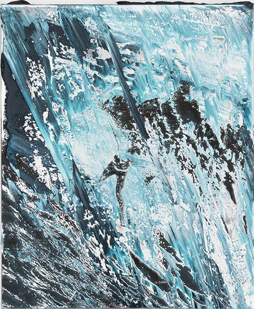 blue, black and white painting of massive wave with a central surfer riding it