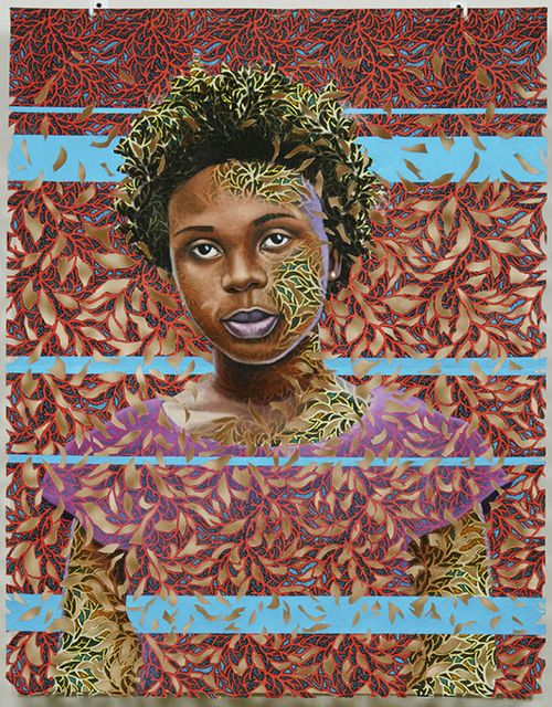 portrait of a woman covered in leaves intersected by blue lines across her