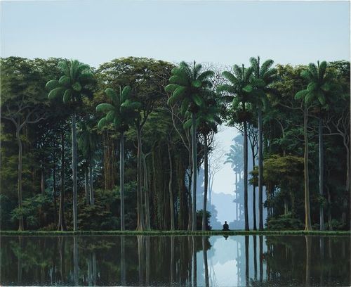 a large body of water in front of a forest with tall green trees and a clearing down the middle where the silhouette of a seated figure is visible