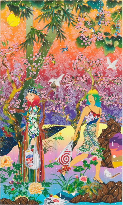 a fantasy colourful scene with two characters holding shopping bags