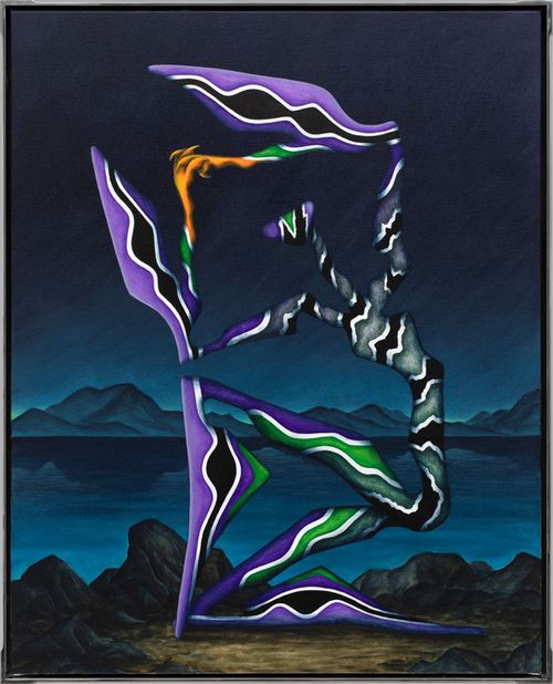dark blue mountainous and lakeside landscape scene with elongated subhuman patterned purple striped figure