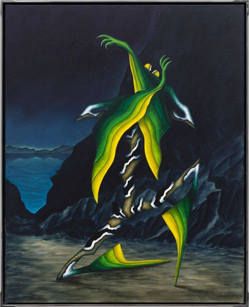 mountain-side with blue lake in the background and a subhuman stretched figure in the foreground performing a ballet leap with green and yellow ribbons
