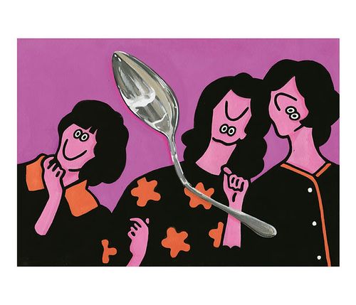 Three figures, pink background and silver bent spoon in the foreground