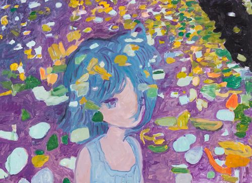 girl with blue hair surrounded by coloured shapes which look like butterflies or petals