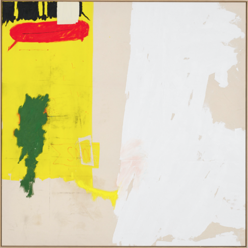 abstract painting with white and cream blocks of colour and yellow and green layered on, with black and red details