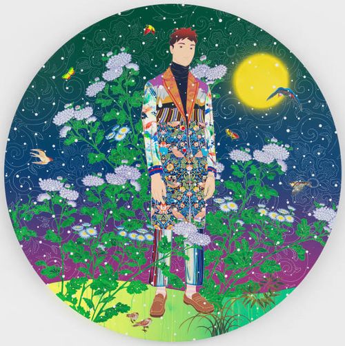 a circular fantasy scene in which a lone man stands in the moonlight