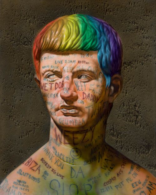 bust of a man with rainbow coloured hair and wriitng covering his face and bare upper body