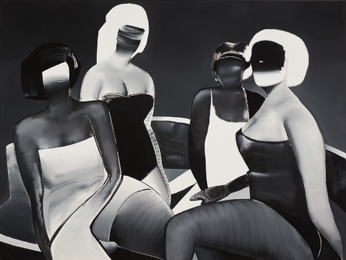 monochrome painting of four women with missing facial features
