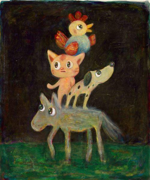 a donkey carrying a dog, cat and chicken on its back, walking on green grass set against a dark background