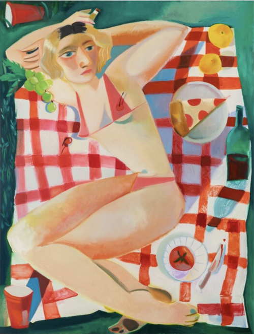 a birds eye view of a woman wearing a bikini and lying on a red gingham picnic rug