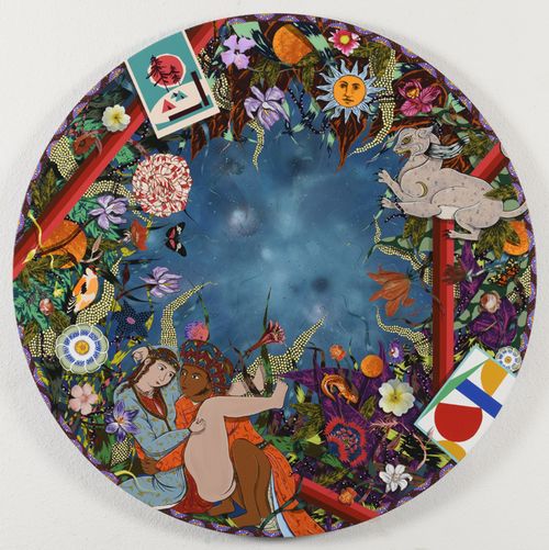 tondo painting of a nights sky encircled by various creatures and symbols