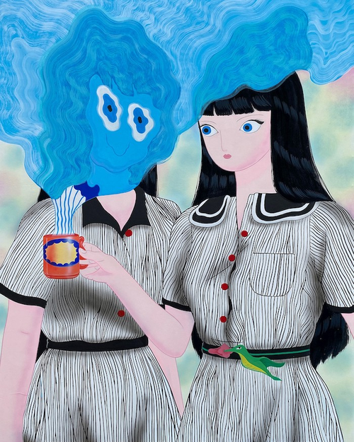 Two females wearing striped dresses, a mug releases a large amount of blue steam, distorting a face