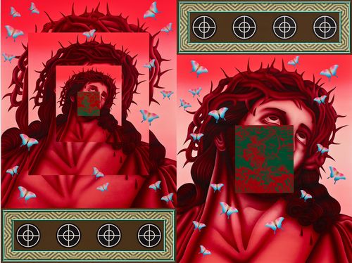 Christ depicted in shades of red with various graphic overlays