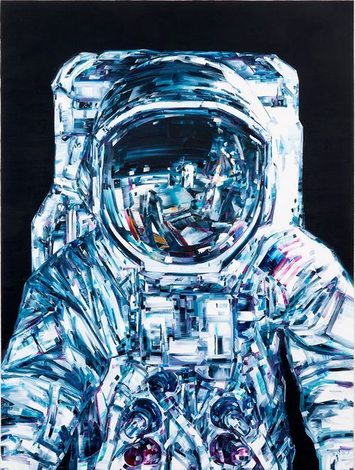 astronaut painted with distinct brushstrokes in blues and whites against a black background