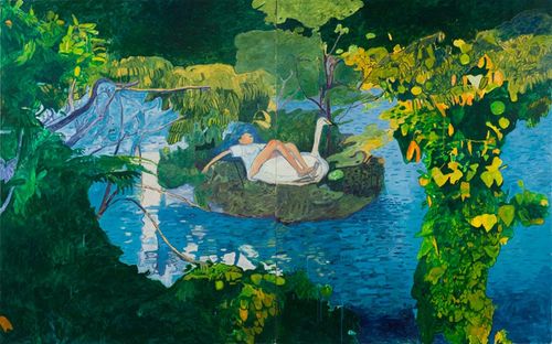 figure with blue hair with their legs propped up on a swan on a small island in the middle of a pond
