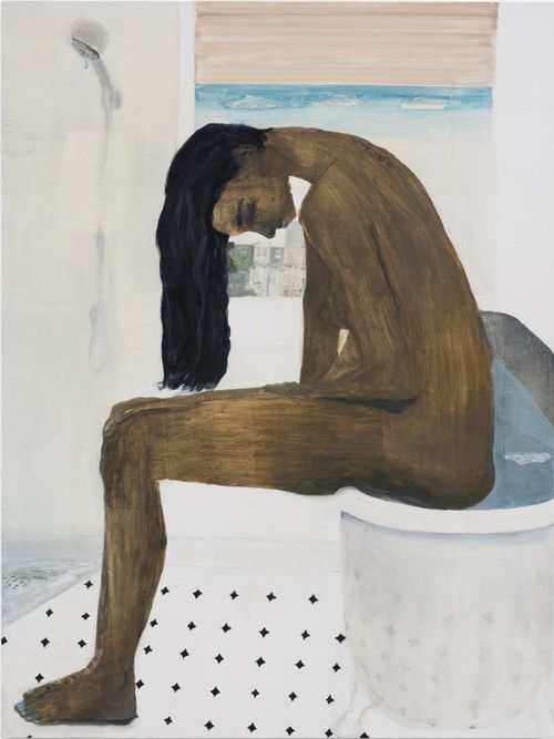 painting of a nude woman sat on a toilet in a white bathroom