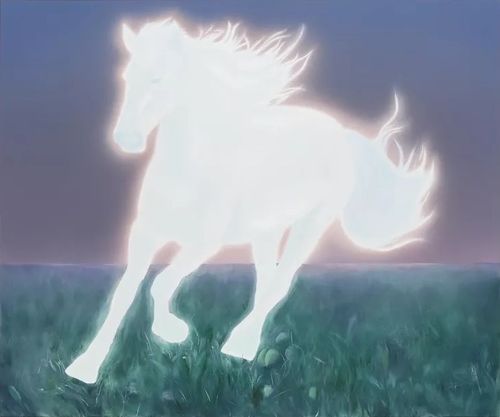 an outline of a white horse galloping over a field against a purple sky