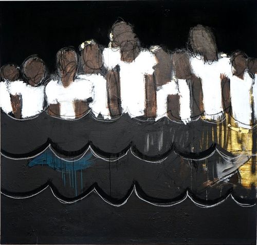 three rows of black waves in the foreground with ten featureless figures all wearing white t-shirts huddled together