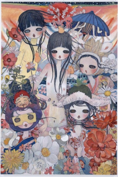 collage of overlapping flowers and female manga faces