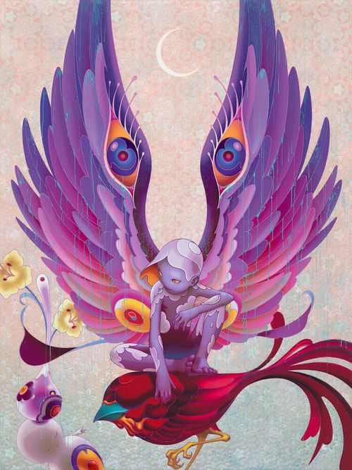 purple winged figure crouching down on a red bird