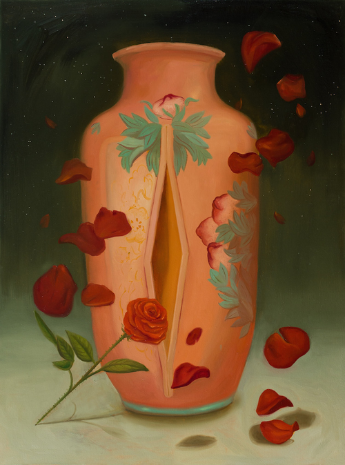 Dominique Fung's painting of an orange vase and rose petals