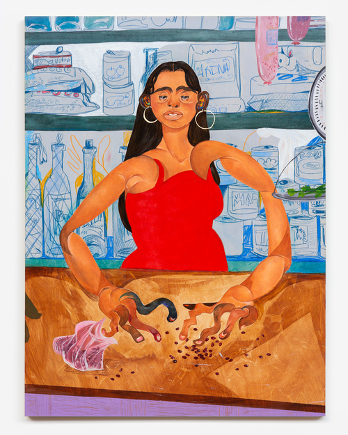 Figure in a red dress stands behind a counter