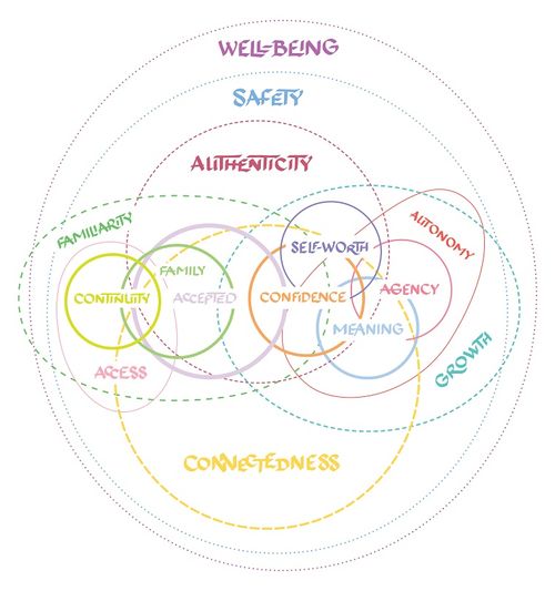ven diagram with different coloured circles and titles such as 'growth', 'safety', 'connectedness'