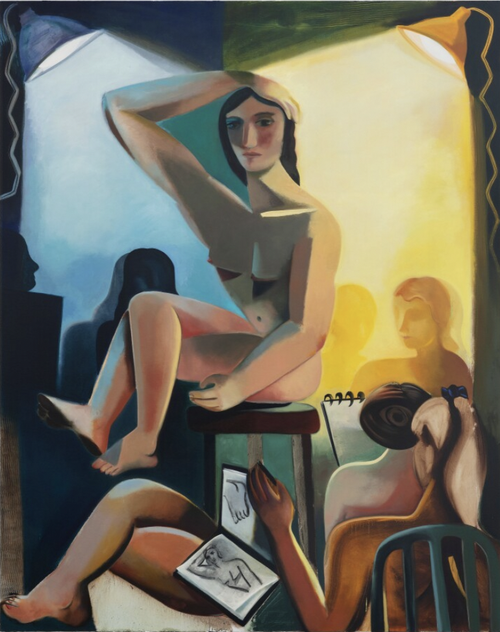 a cubist style painting of a nude woman seated on a stool in a life class