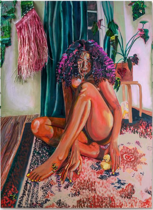 nude woman sitting with her legs curled up on a colourful rug