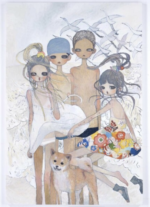 two boy figures in swimming briefs and two girls in small dresses with birds and a dog