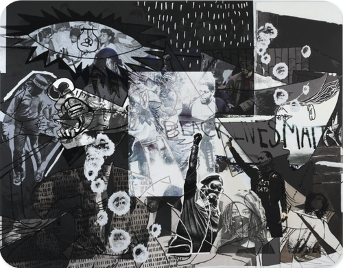 monochrome collage showing text and images of the Black Lives Matter movement