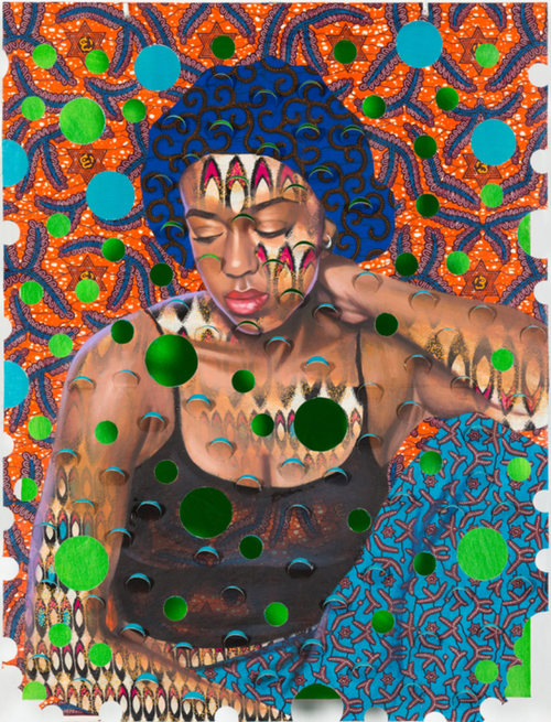 portrait of a woman with blue hair and green dots across the painting with an orange patterned background