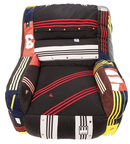 chair stitched together out of various Adidas fabrics