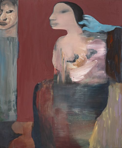 smudgey abstract woman with blurred facial features and a dark robe on