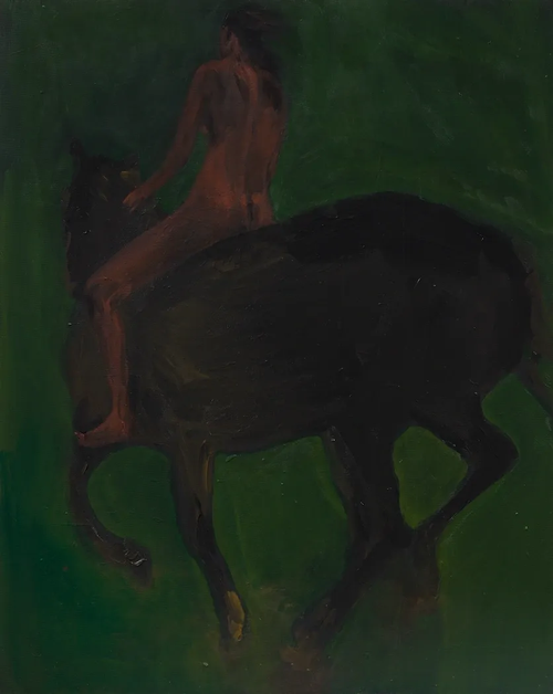Painting depicting a person riding a horse, green background