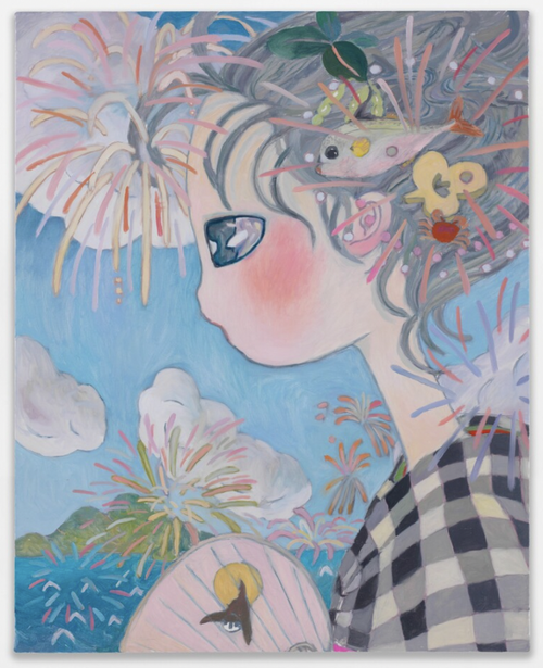 side profile of a woman with fireworks around her and a sea and island in the backgrouns