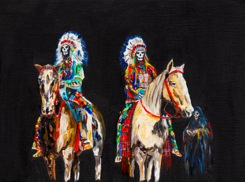 Wes Lang's artwork, two skeletons riding horses, black background