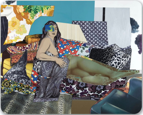collage of a woman reclining on a sofa in the nude with a blanket over her body