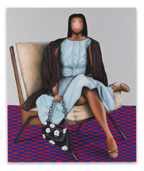 A dark skinned, elegant woman lounges on a mid-century chair, wearing a blue dress and a black shawl dotted with red flowers. Her body and clothing are very detailed and shaded, in contrast to the face – two eyes, eyebrows and a red line smile are all that makes up the face