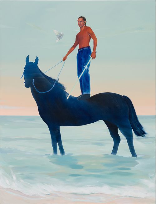 a man holding a glistening sword stood on a black horse in the sea